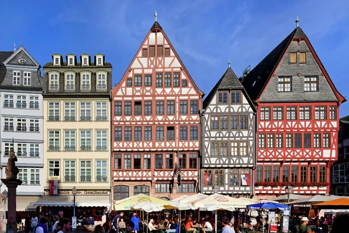 Framed Print : Colorful half-timbered houses in Romerberg square, Frankfurt am Main, Hesse, Germany, Europe