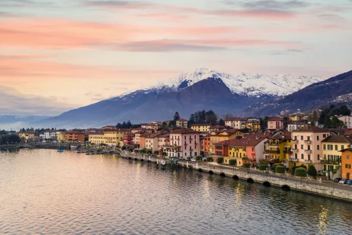 Framed Print : Colorful houses of Gravedona and mountains at dawn, Lake Como, province of Como, Lombardy Framed Print : Colorful houses of Gravedona and mountains at dawn, Lake Como, province of Como, Lombardy