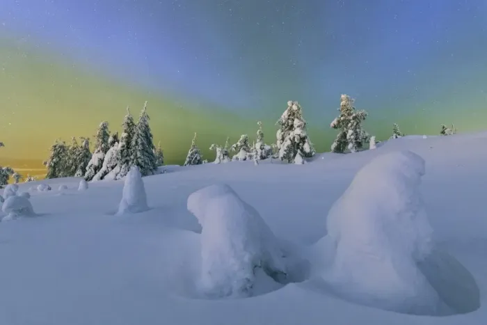 Framed Print : Colorful Northern Lights of the Aurora Borealis and starry sky on the snowy woods