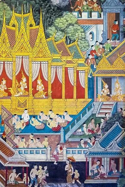 Colorful painted murals depicting scenes from life of Buddha, inside Wat Pho (Temple