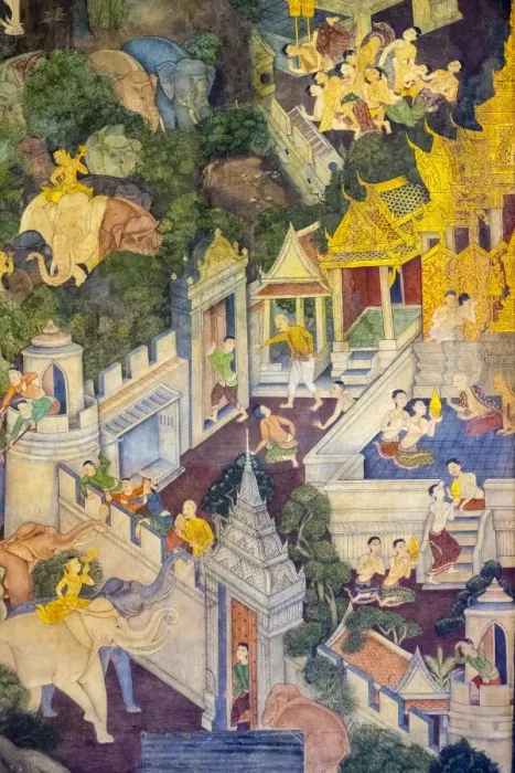 Framed Print : Colorful painted murals depicting scenes from life of Buddha, inside Wat Pho (Temple Framed Print : Colorful painted murals depicting scenes from life of Buddha, inside Wat Pho (Temple