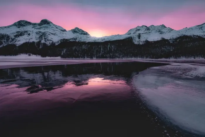 Framed Print : Colorful sky at sunrise on snowcapped mountains and frozen Lake Silvaplana, Maloja Framed Print : Colorful sky at sunrise on snowcapped mountains and frozen Lake Silvaplana, Maloja