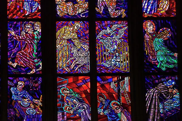 Detail of colorful stained glass window inside St. Vitus Cathedral, Prague Castle, UNESCO World Heritage Site, Prague, Bohemia, Czech Republic (Czechia), Europe