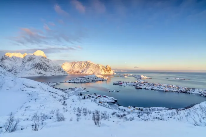 Framed Print : The colors of dawn frame the fishing villages surrounded by snowy peaks, Reine, Nordland Framed Print : The colors of dawn frame the fishing villages surrounded by snowy peaks, Reine, Nordland