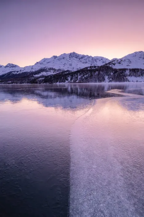 Framed Print : Colors of sunrise is reflected on the icy surface of Lake Sils, Engadine Valley