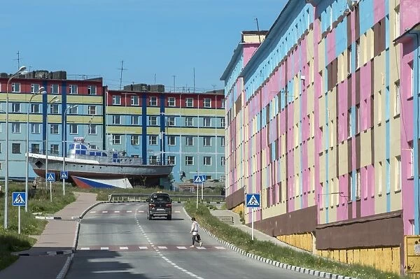 Coloured apartment houses, Siberian city Anadyr, Chukotka Province, Russian Far East, Russia, Eurasia