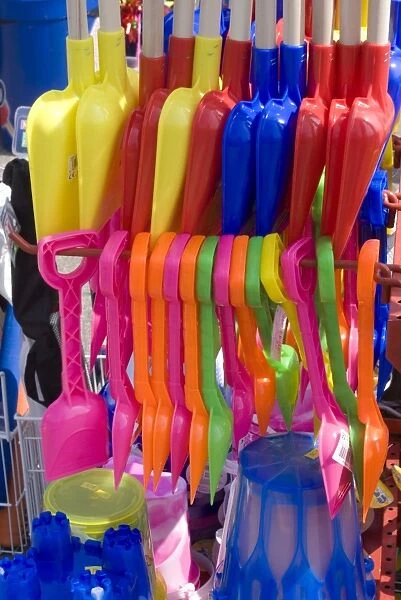 Coloured beach toys, Broadstairs, Kent, England, United Kingdom, Europe