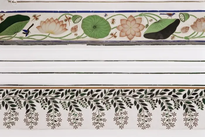 Framed Print : Detail of coloured glass and mirror inlay work found Framed Print : Detail of coloured glass and mirror inlay work found