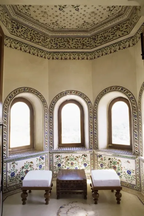 Framed Print : Coloured glass work inlaid into plaster in seating Framed Print : Coloured glass work inlaid into plaster in seating