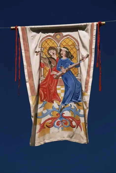 Framed Print : Colourful banner for the annual Fete du Grand Fauconnier, Cordes-sur-Ciel Framed Print : Colourful banner for the annual Fete du Grand Fauconnier, Cordes-sur-Ciel
