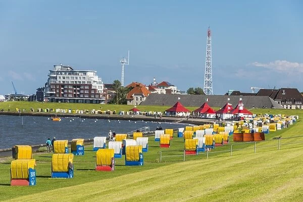 Colourful beach chairs on the beach of Cuxhaven, Lower Saxony, Germany, Europe