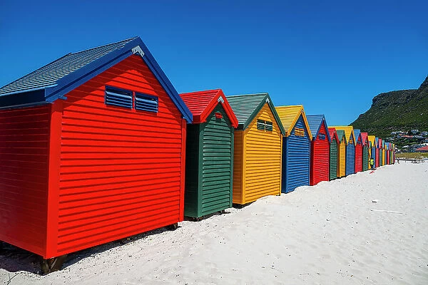 Colourful beach huts on the beach of Muizenberg, Cape Town, South Africa, Africa