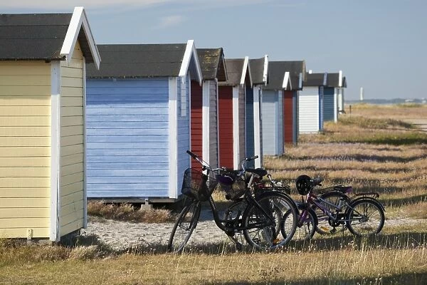 Colourful beach huts and bicycles, Skanor Falsterbo, Falsterbo Peninsula, Skane, South Sweden