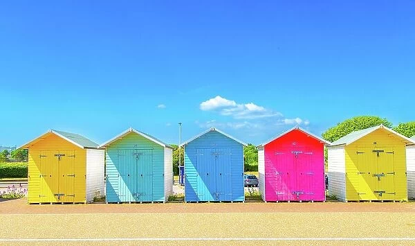 Colourful Beach Huts on the seafront at Eastbourne, East Sussex, England, United Kingdom, Europe