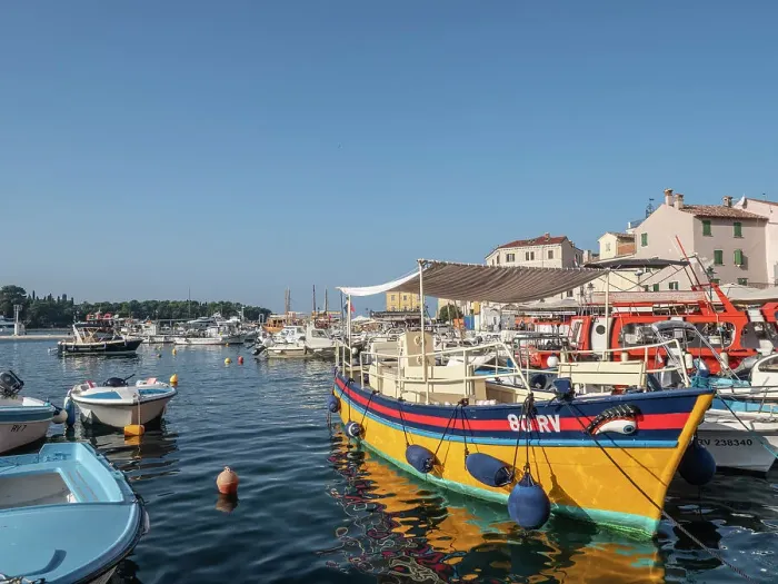 Framed Print : Colourful boat in the harbour, Rovinj, Istria, Croatia, Europe Framed Print : Colourful boat in the harbour, Rovinj, Istria, Croatia, Europe