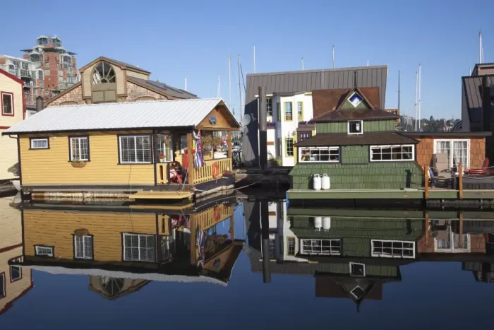 Framed Print : Colourful boat houses, Fishermans Wharf, Victoria, Vancouver Island Framed Print : Colourful boat houses, Fishermans Wharf, Victoria, Vancouver Island
