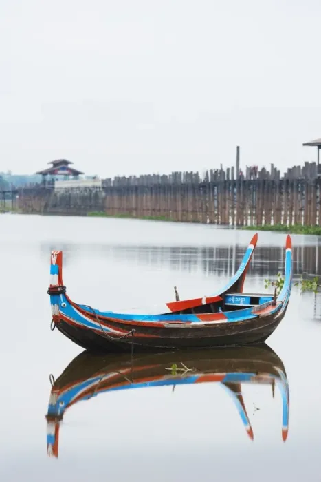 Framed Print : Colourful boat and U Bein Bridge on Taungthaman Lake, Amarapura, Mandalay, Myanmar (Burma), Asia Framed Print : Colourful boat and U Bein Bridge on Taungthaman Lake, Amarapura, Mandalay, Myanmar (Burma), Asia
