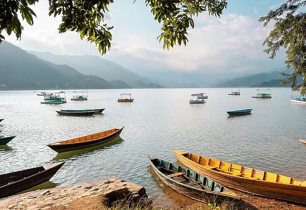 Colourful boats in front of Himalayan peaks on Lake Pokhara in Pokhara, Nepal, Asia
