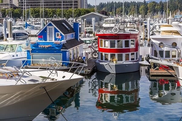 Colourful boats in Vancouver Harbour near the Convention Centre, Vancouver, British Columbia