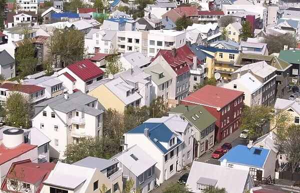 Colourful buildings in downtown Reykjavik seen from the top of Hallgrimskirkja, Reykjavik, Iceland, Polar Regions
