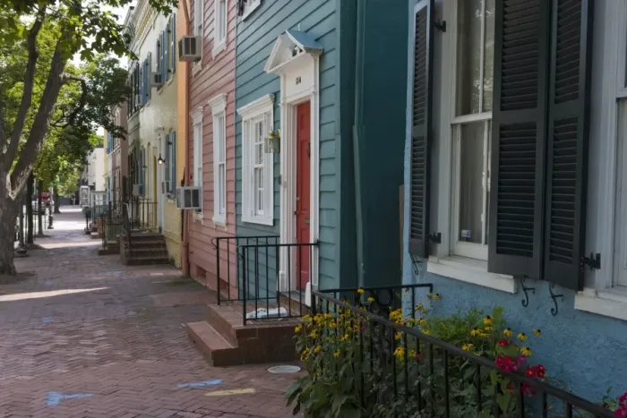 Framed Print : Colourful buildings in quiet street, Georgetown, Washington D. C. United States of America Framed Print : Colourful buildings in quiet street, Georgetown, Washington D. C. United States of America