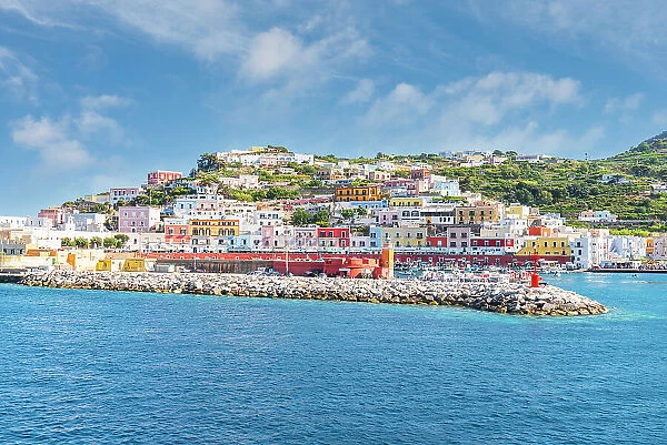 Colourful buildings surrounding the harbour of the fishing village of Ponza on a summer day, Ponza island, Pontine Islands, Latina province, Latium (Lazio), Italy, Europe
