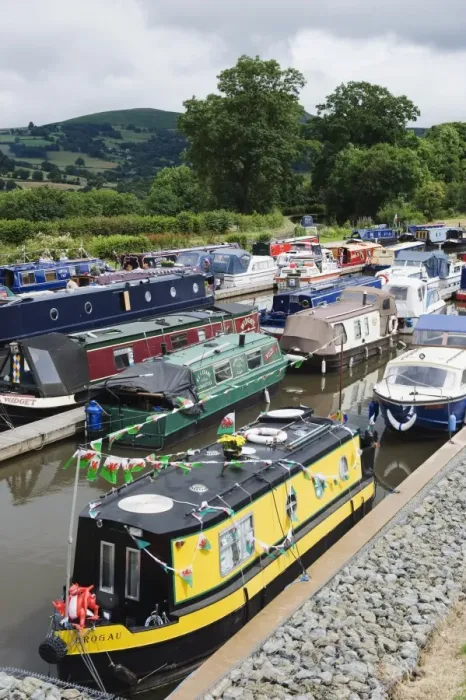 Framed Print : Colourful canal boats, Crickhowell, Gwent, Wales, United Kingdom, Europe Framed Print : Colourful canal boats, Crickhowell, Gwent, Wales, United Kingdom, Europe