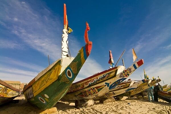 Colourful fishing boats at the fishing habour, Nouakchott, Mauritania, Africa