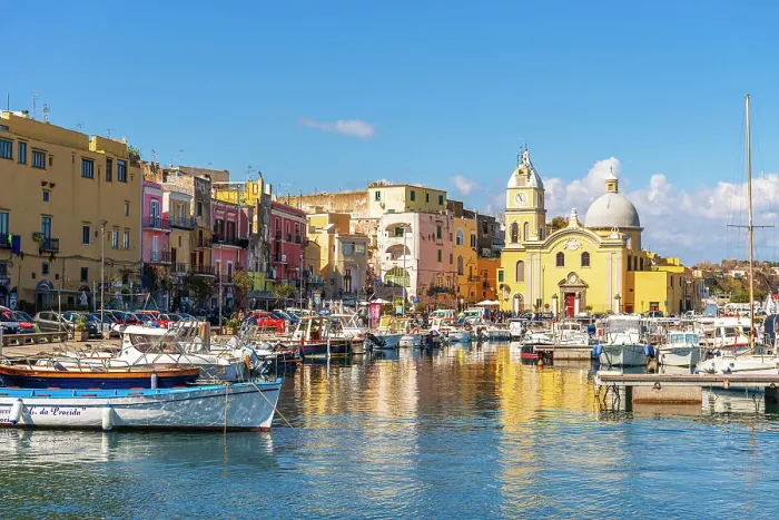 Framed Print : The colourful fishing village of Marina di Procida, Procida harbour, Procida Island, Tyrrhenian Sea, Naples district, Naples Bay, Campania region, Italy, Europe