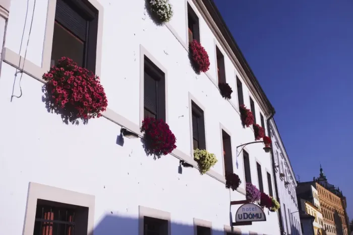 Framed Print : Colourful flowers on facade of hotel, Olomouc, Moravia, Czech Republic, Europe
