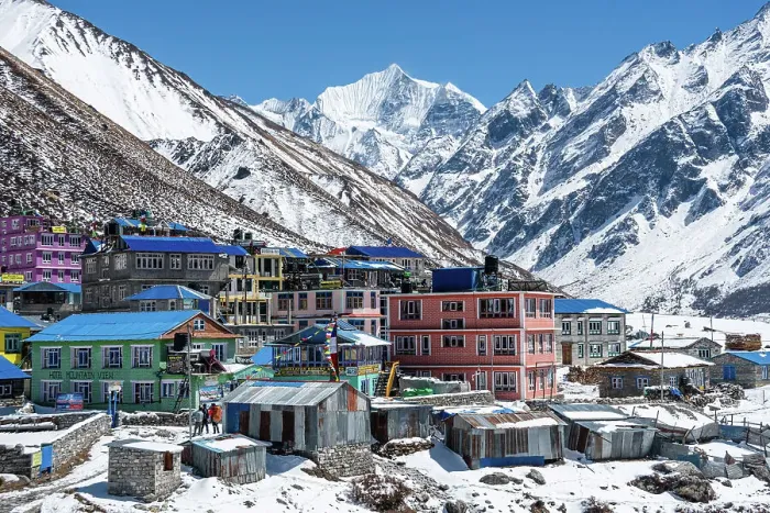 Framed Print : Colourful houses with blue rooftops in front of the icy summits of Gangchempo. Kyanjin Gompa, Langtang valley trek, Himalayas, Nepal, Asia Framed Print : Colourful houses with blue rooftops in front of the icy summits of Gangchempo. Kyanjin Gompa, Langtang valley trek, Himalayas, Nepal, Asia