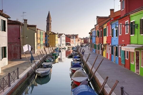 Colourful houses and reflections in canal, Island of Burano, Venice, UNESCO World Heritage Site