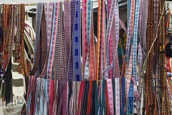 Colourful indigenous-style textiles on sale in this major tourist hub and colonial-style provincial capital, Riobamba, Chimborazo Province, Central Highlands, Ecuador