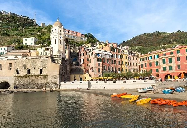 Colourful kayaks in the harbour at Vernazza, Cinque Terre, UNESCO World Heritage Site
