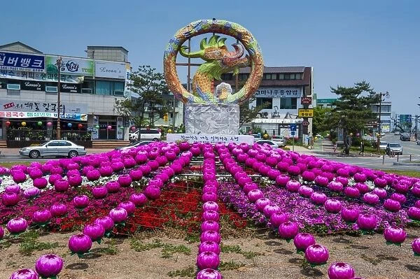 Colourful lanterns around the King Seong statue, Buyeo, South Korea, Asia
