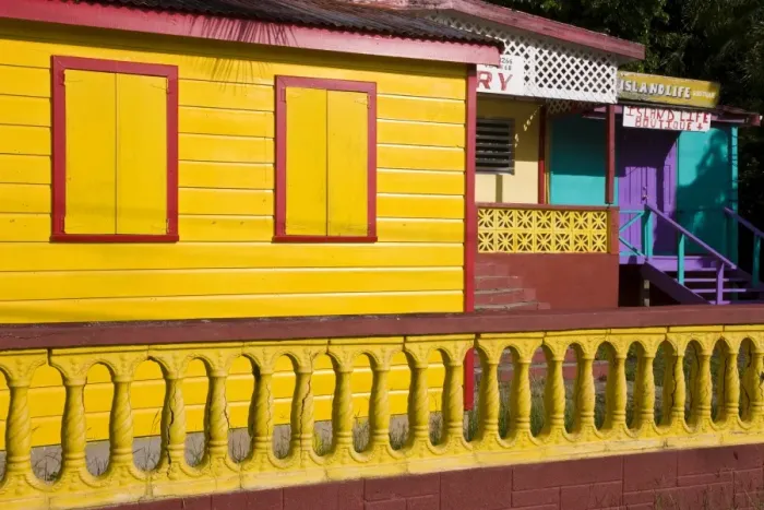 Framed Print : Colourful painted houses in St. Johns, Antigua, Leeward Islands, West Indies Framed Print : Colourful painted houses in St. Johns, Antigua, Leeward Islands, West Indies