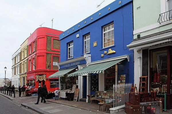 Colourful shops in Portobello Road, famed for its market, Notting Hill