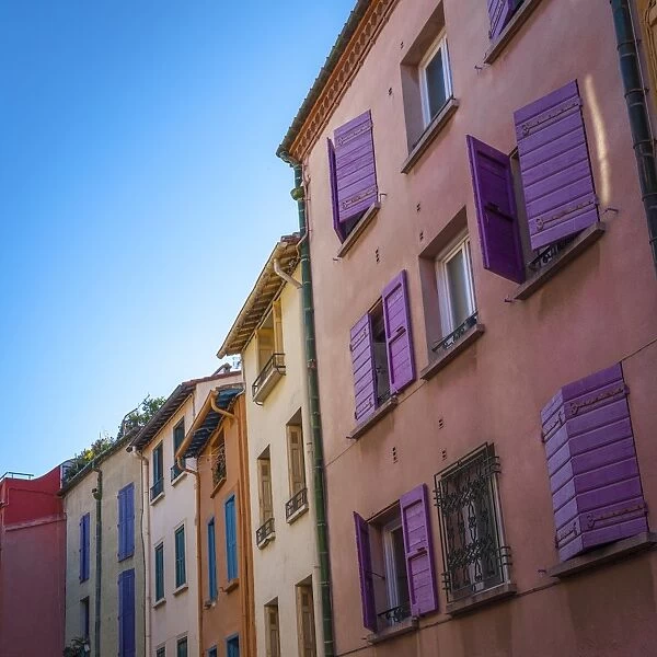 Colourful shutters and facades, Collioure, Pyrenees-Orientales, Languedoc-Roussillon, France, Europe