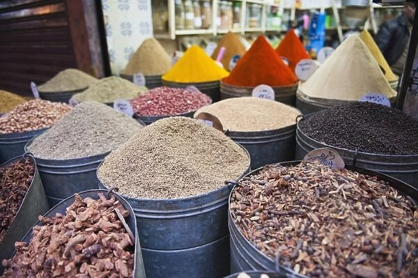 Colourful spices for sale in the Marrakech souks, Morocco, North Africa, Africa