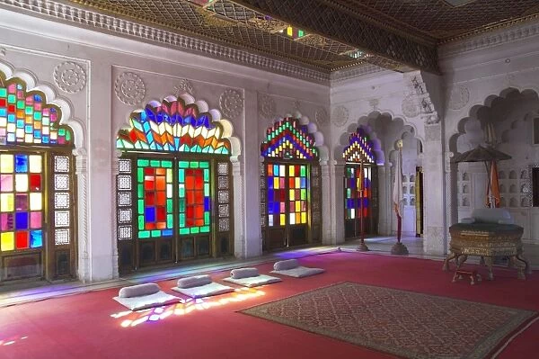 Colourful stained glass in the Maharajas throne room