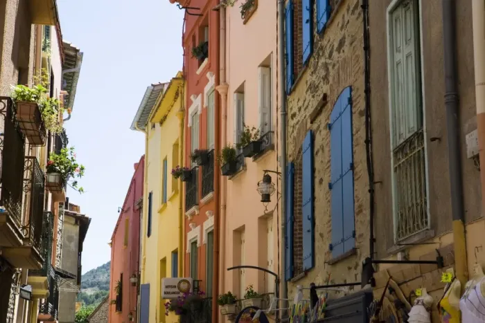Framed Print : Colourful street, Collioure, Pyrenees-Orientales, Languedoc, France, Europe Framed Print : Colourful street, Collioure, Pyrenees-Orientales, Languedoc, France, Europe