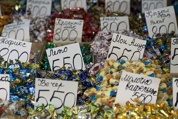 Colourful sweets on market stand, Almaty, Kazakhstan, Central Asia, Asia