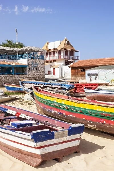Colourful traditional local fishing boats on the beach at Santa Maria, Praia da Santa Maria