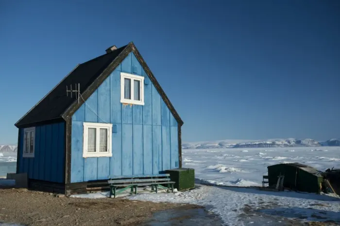 Framed Print : Colourful wooden house in the village of Qaanaaq, one of the most northerly human Framed Print : Colourful wooden house in the village of Qaanaaq, one of the most northerly human