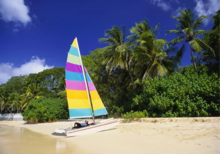 Framed Print : Colourful Yacht Moored on St James Beach, Barbados, Caribbean Framed Print : Colourful Yacht Moored on St James Beach, Barbados, Caribbean