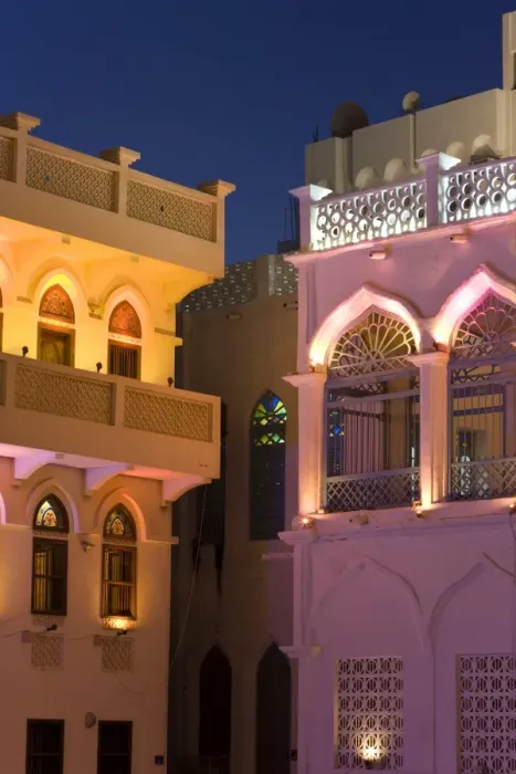 Framed Print : Colourfully illuminated latticed houses along the corniche Framed Print : Colourfully illuminated latticed houses along the corniche