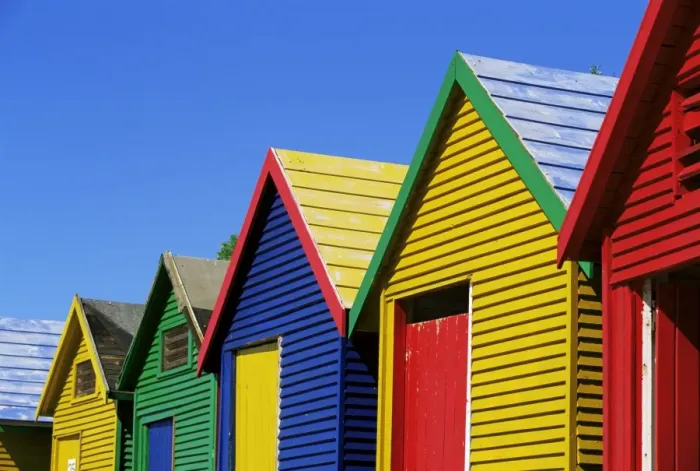 Framed Print : Colourfully painted Victorian bathing huts in False Bay Framed Print : Colourfully painted Victorian bathing huts in False Bay