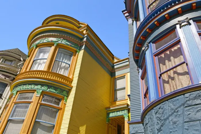 Framed Print : Colourfully painted Victorian houses in the Haight-Ashbury district of San Francisco, California, United States of America, North America