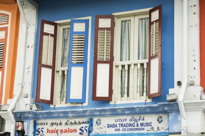 Framed Print : Colourfully painted window shutters in Little India Framed Print : Colourfully painted window shutters in Little India