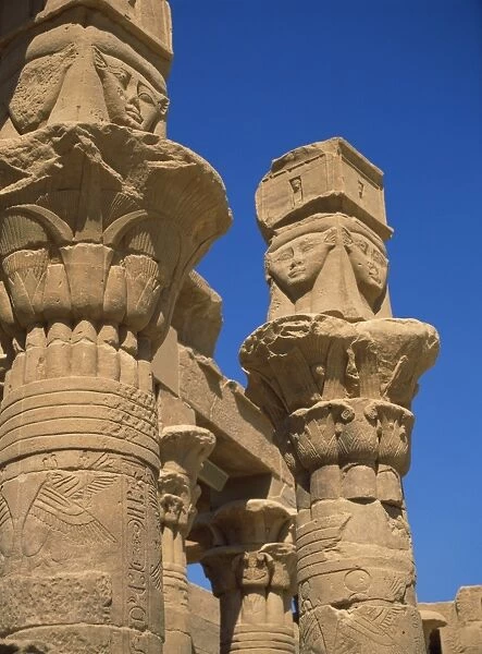 Detail of column capitals at the Temple of Hathor, Philae, UNESCO World Heritage Site